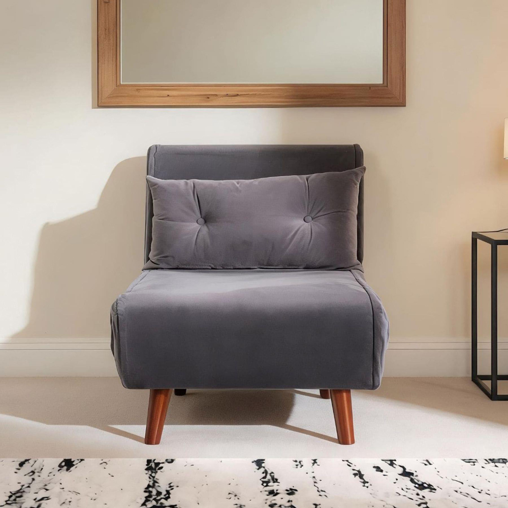 Home Source Morella Single Seater Grey Velvet Folding Sofa Bed with Pillow Image 2