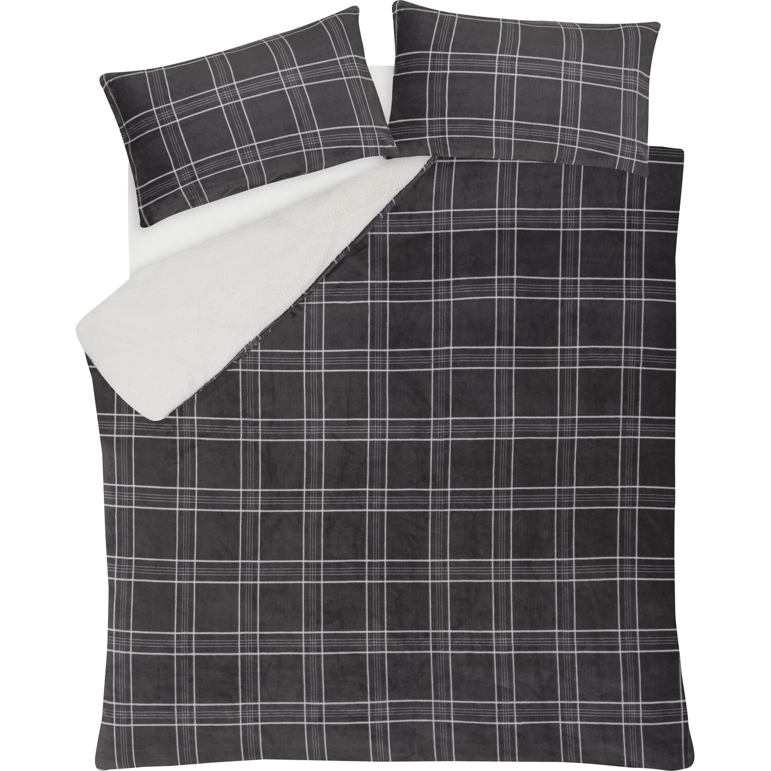 Check Printed Fleece Duvet Cover and Pillowcase Set - Grey / Superking Image 4