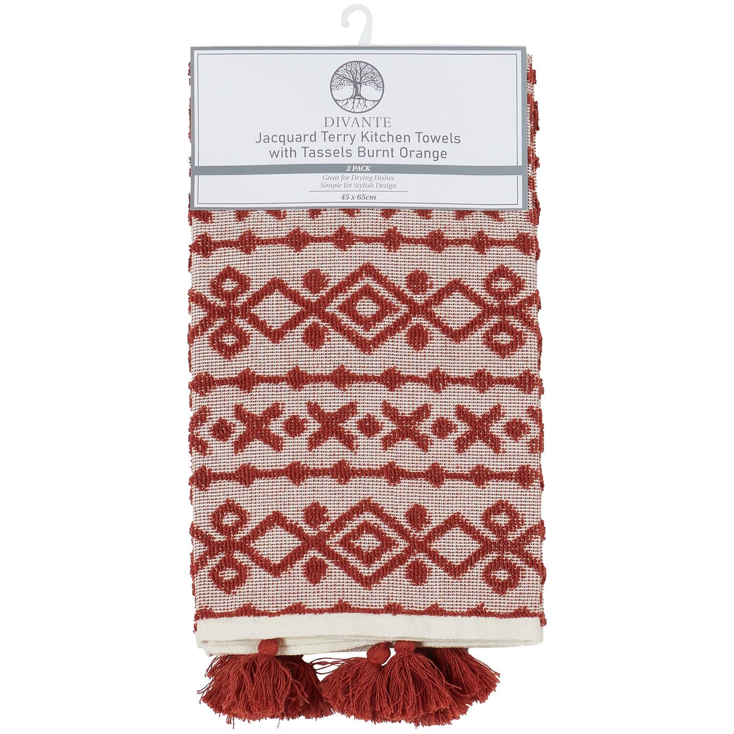 Pack of 2 Jacquard Terry Kitchen Towels with Tassels - Burnt Orange Image 2