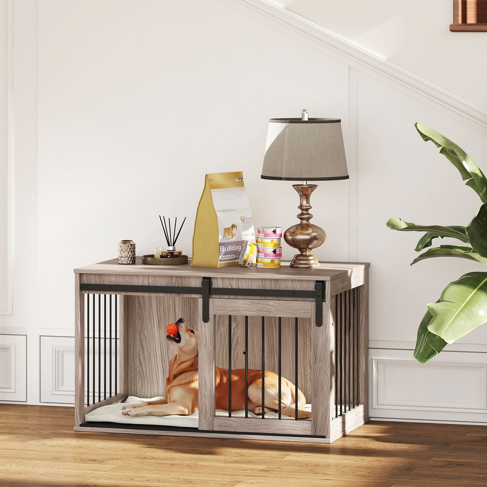 PawHut Brown Dog Crate End Table with Cushion 98cm Image 2