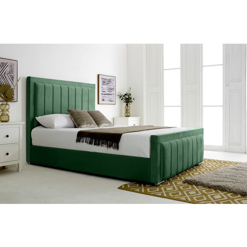 Eleganza Stylus Small Double Green Plush Velvet Bed Frame with Lined Headboard and Footboard Image 3