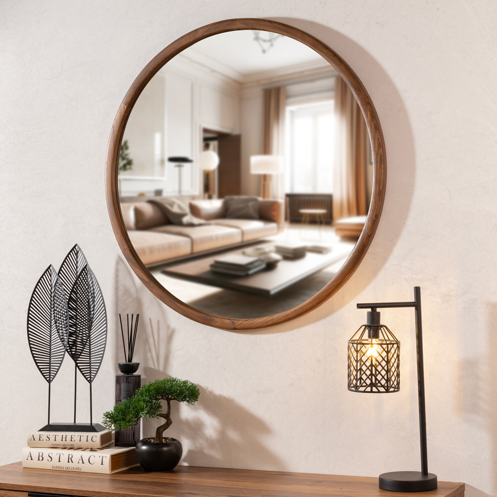 Solid Dark Wood Round Mirror Brown Image 3