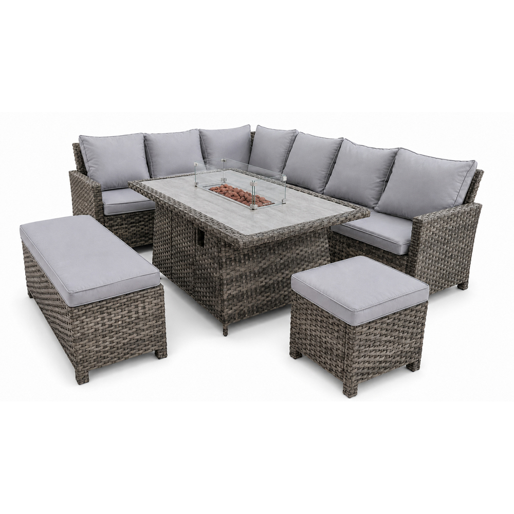 Outdoor Living The Maldives Rattan 9 Seater Gas Firepit Corner Dining Set Grey Image 2