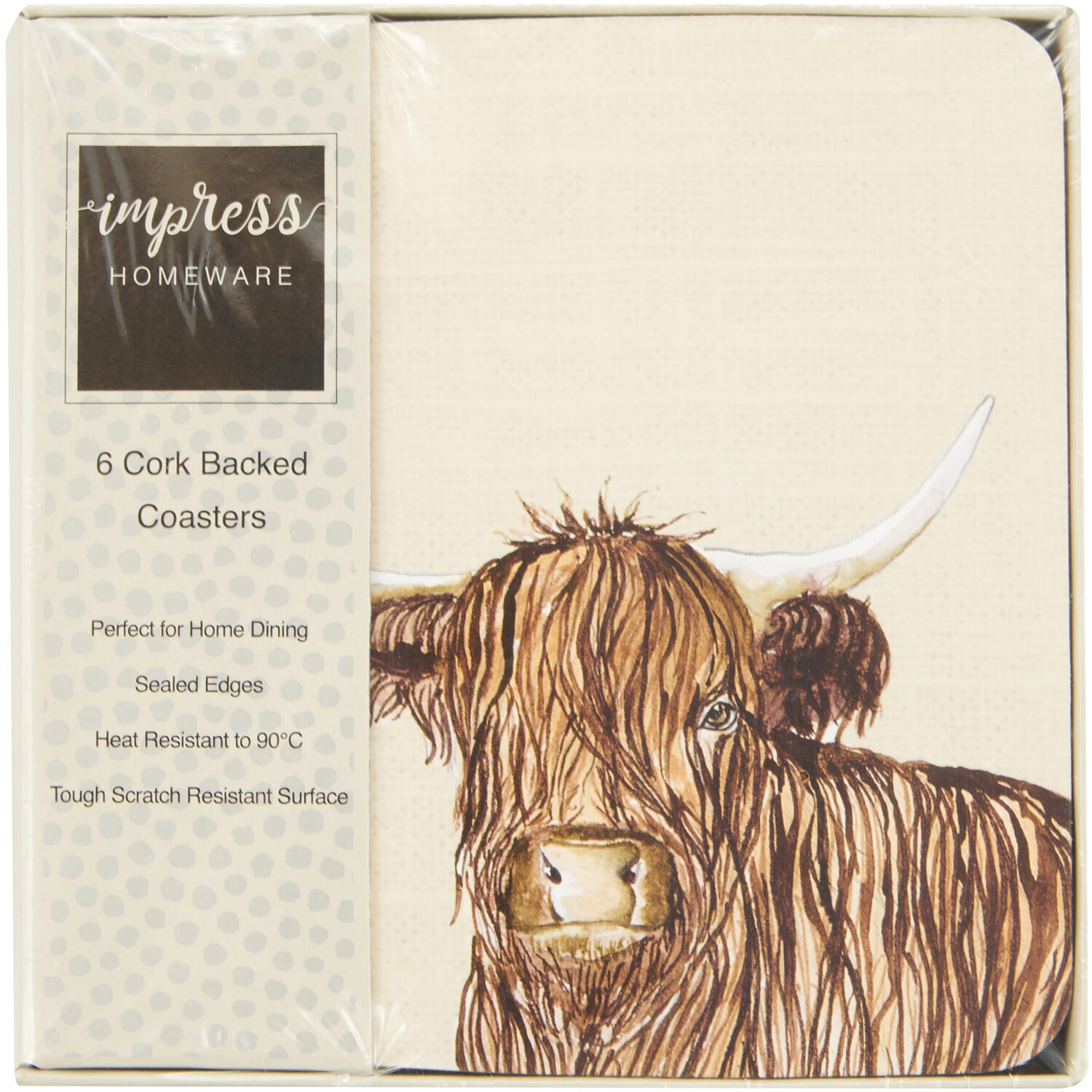 Impress Cream Highland Cow Coasters 6 Pack Image 1