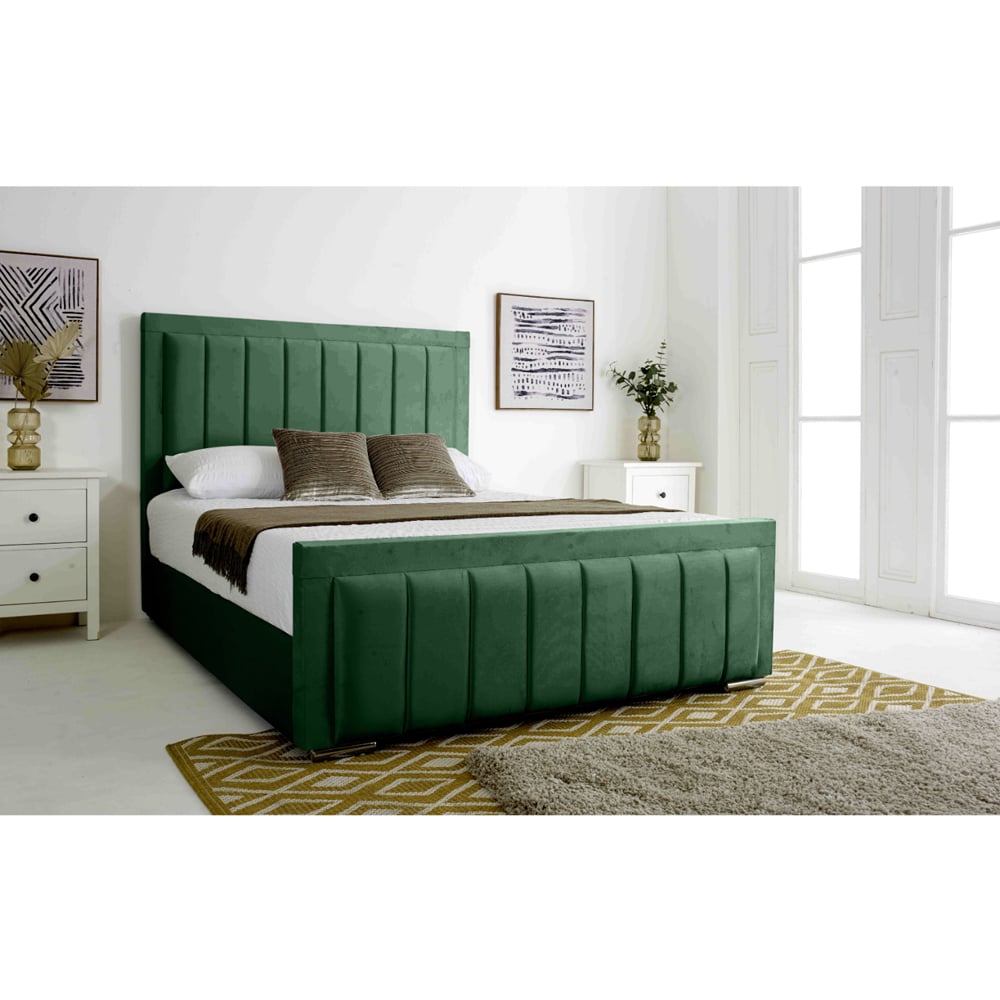 Eleganza Stylus King Size Green Plush Velvet Bed Frame with Lined Headboard and Footboard Image 4
