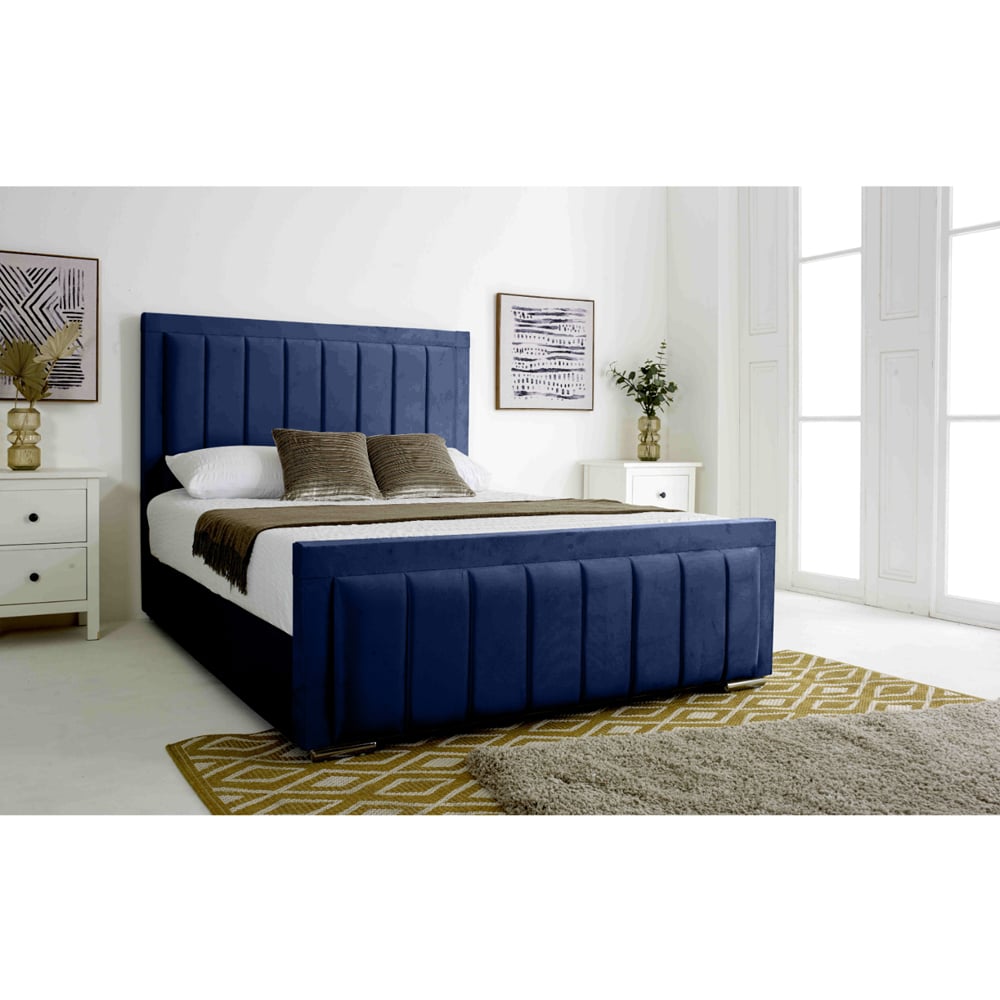 Eleganza Stylus Small Double Blue Plush Velvet Bed Frame with Lined Headboard and Footboard Image 5