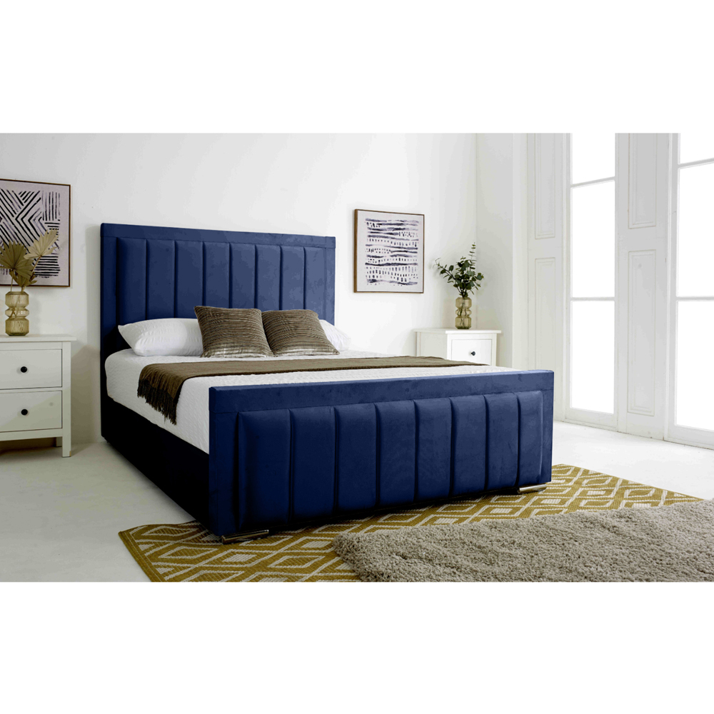 Eleganza Stylus King Size Blue Plush Velvet Bed Frame with Lined Headboard and Footboard Image 4
