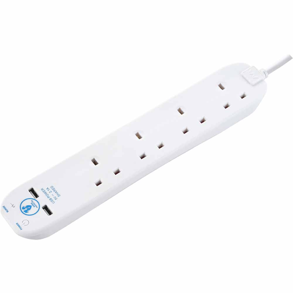 Masterplug 13amp 2m 4 Gang White Surge Protected Extension Lead and 2x USB Image 1