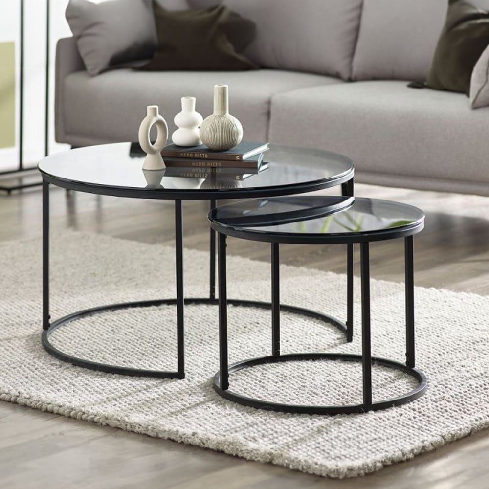 Julian Bowen Chicago Smoked Glass Round Nest of Coffee Tables Set of 2 Image 1