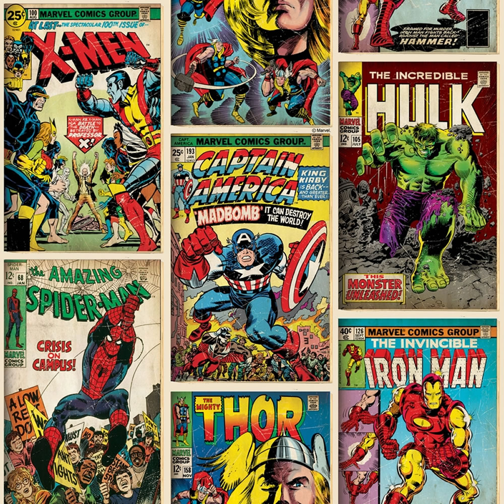 Marvel Superheroes Comic Cover Wallpaper  - wilko Vintage Marvel Wallpaper, made up of some truly classic vintage Comic book covers direct from the Marvel archive. Featuring many Marvel classics including Iron Man, Spider-Man and Captain America, to name but three.  If you order more than one roll, we'll make sure all the batch codes are the same for you, so there's no need to worry about pattern mismatches.  Design Match: Straight Match Design Repeat: 53cm Roll length: 10m Roll width: 52cm  Coverage 5.2sqm  Co-ordinates perfectly with Wilko paint. We love Pearl Grey and Moonlight White.