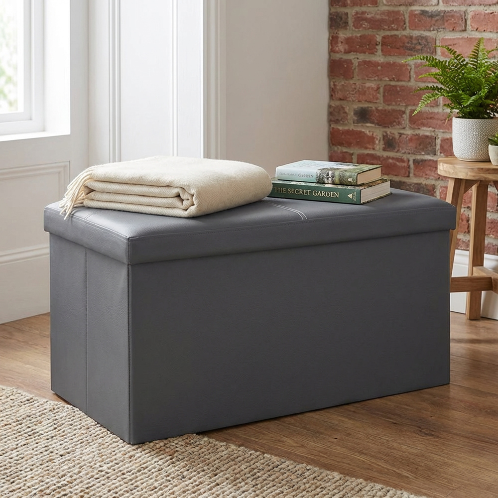 Seville Grey Leather Storage Trunk Image 3