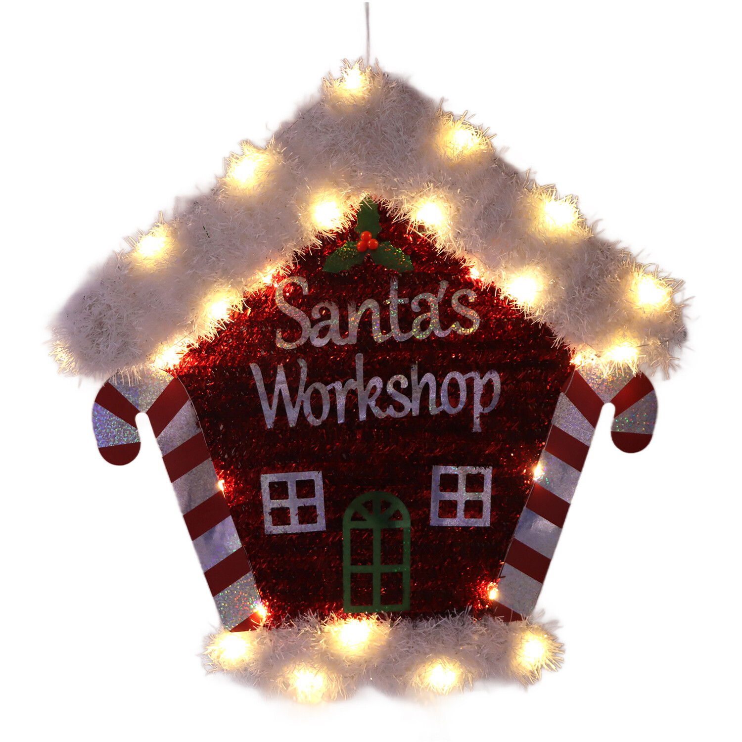 Christmas Tinsel House Hanging Decoration with LED Red and White Image 4