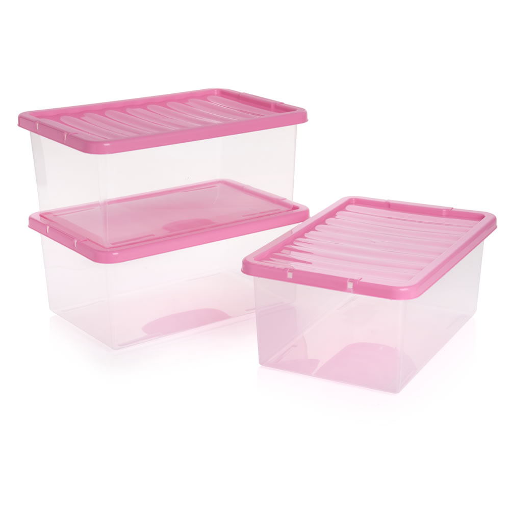 Wilko 12L Storage Box with Pink Lid 3 pack Image