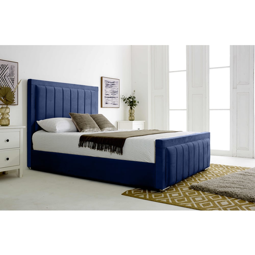 Eleganza Stylus Small Double Blue Plush Velvet Bed Frame with Lined Headboard and Footboard Image 3