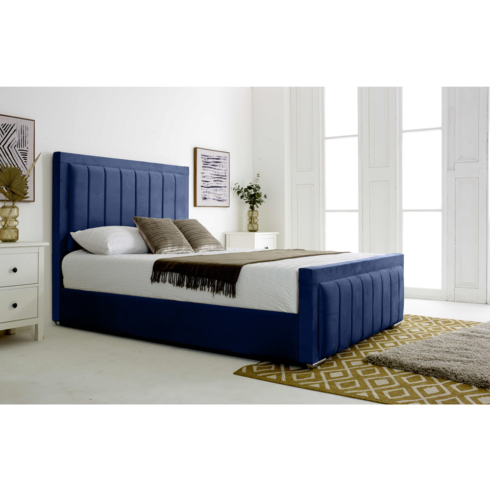 Eleganza Stylus King Size Blue Plush Velvet Bed Frame with Lined Headboard and Footboard Image 3