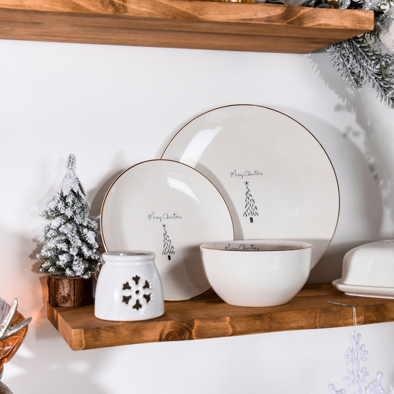 12 Piece Golden Christmas Tree Dinner Set White Image 2