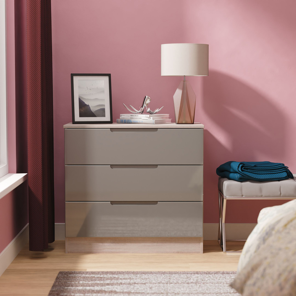 Crowndale Milan 3 Drawer Grey Gloss and Grey Oak Chest of Drawers Ready Assembled Image 7