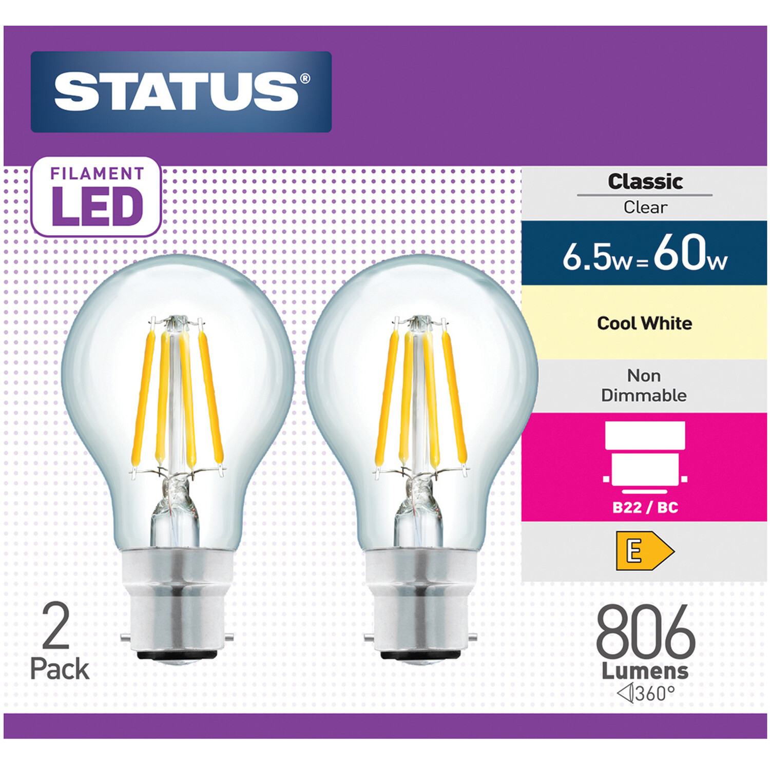 Pack of 2 Status Filament LED Classic Clear Cool White Lightbulbs Image 1