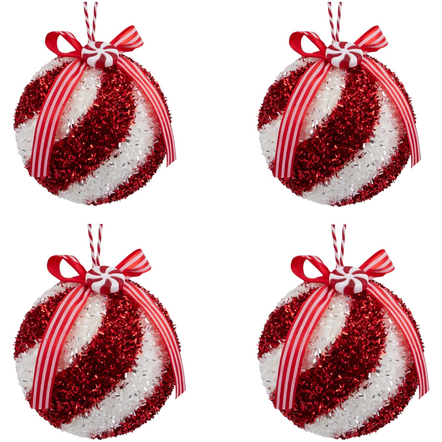 Set of 4 Candy Cane with Bow Baubles Red Image 2