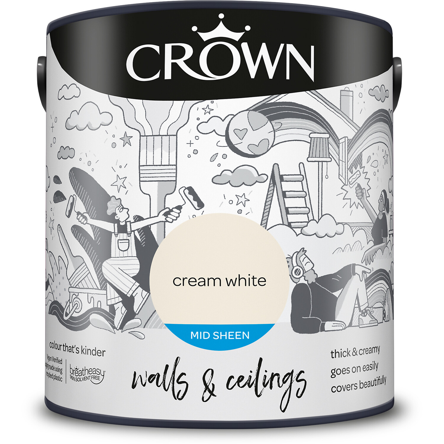 Crown Walls & Ceilings Cream White Mid Sheen Emulsion Paint 2.5L Image 2