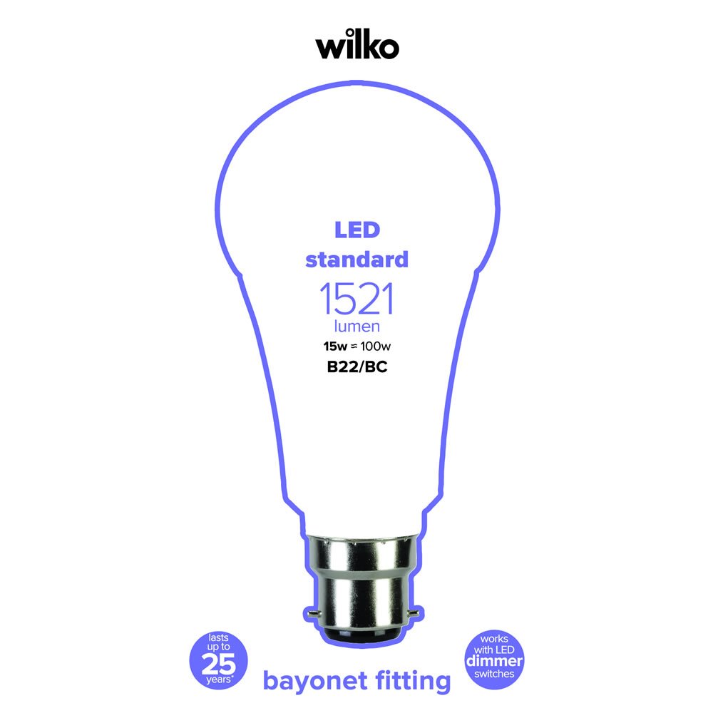 Wilko 1 pack Bayonet B22/BC LED 15W 1521 Lumens Dimmable GLS Bulb Image 2