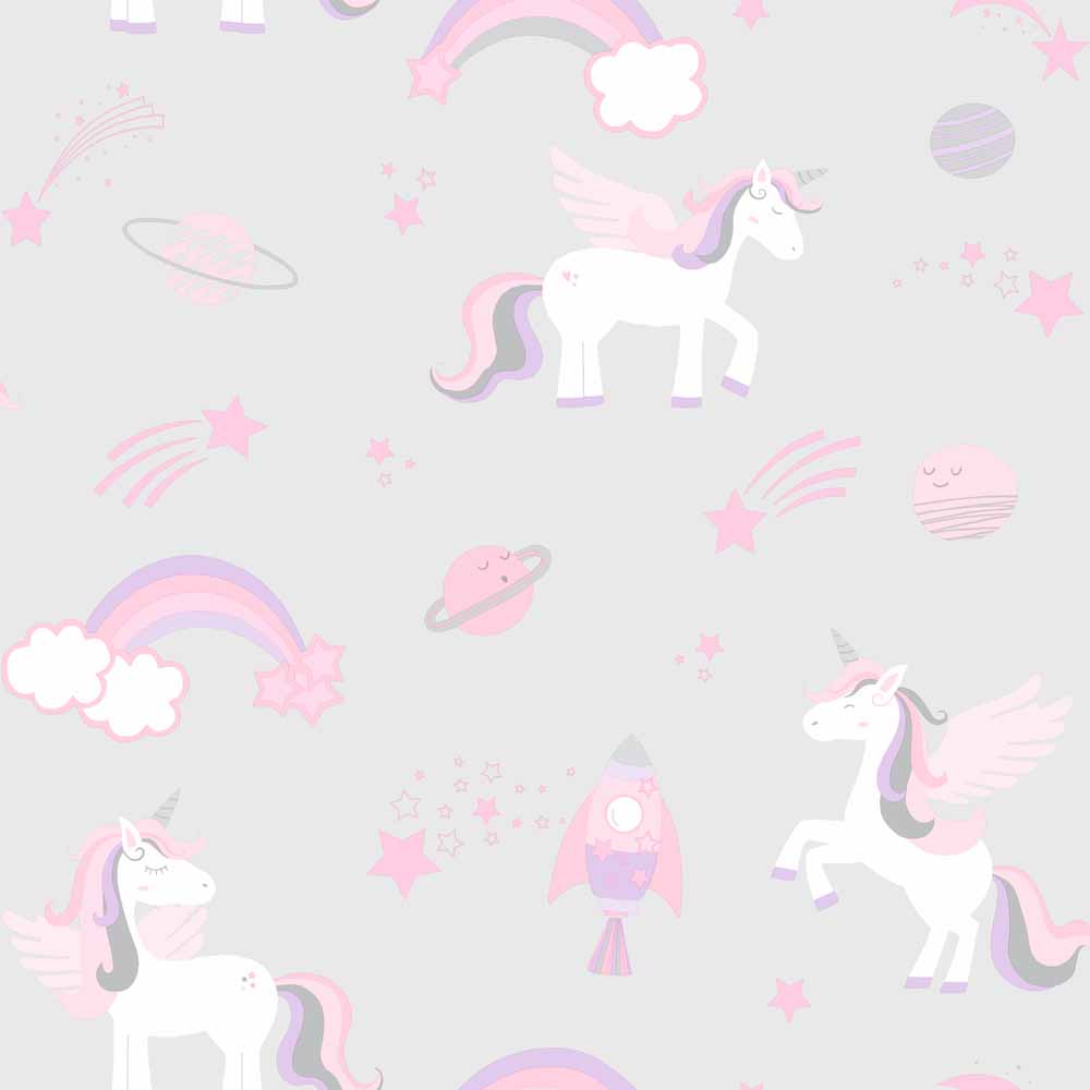 Unicorns, Rockets & Rainbows Grey Wallpaper Image 1