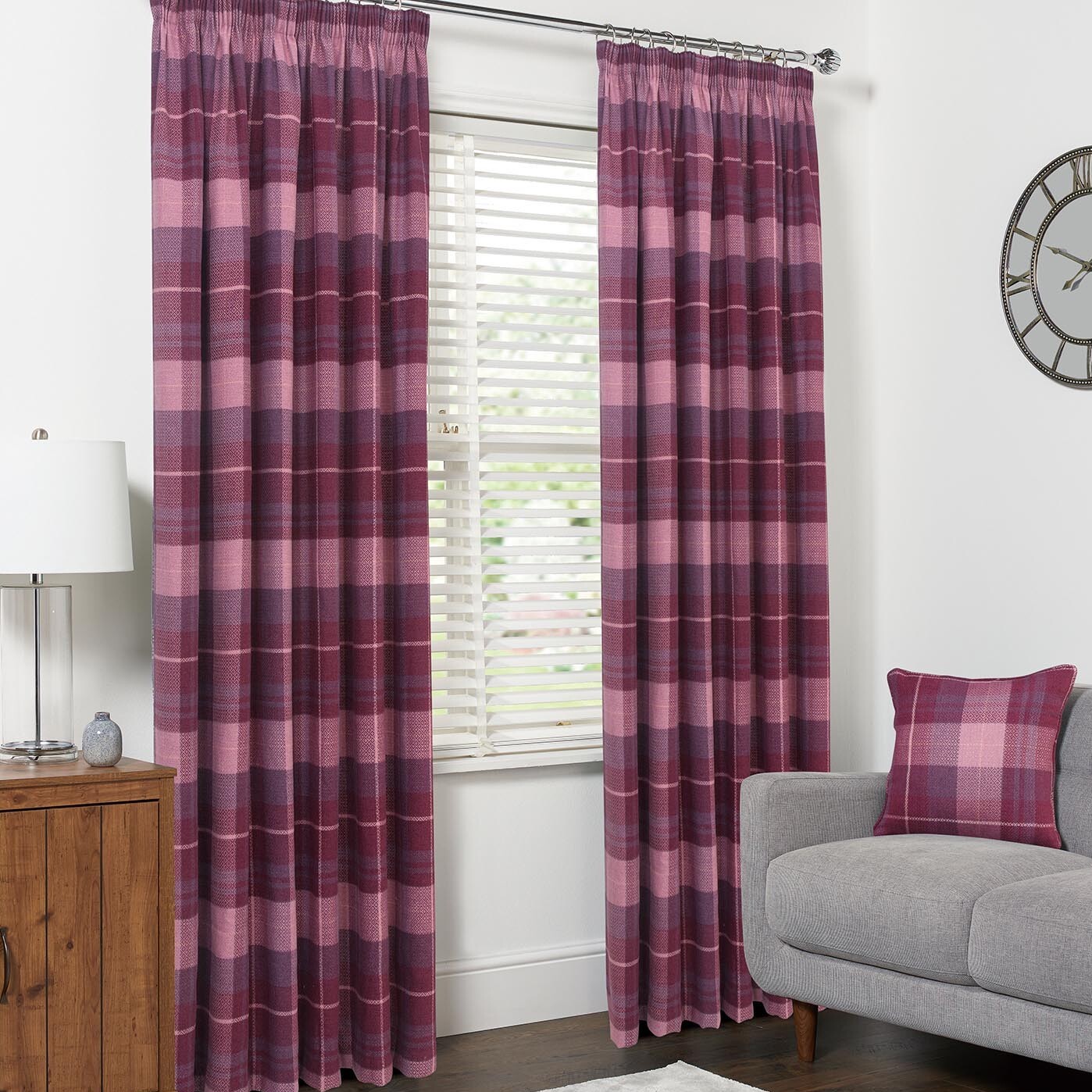 Enya Geo Check Mulberry Curtains - Mulberry / 183cm / 168cm Image 1