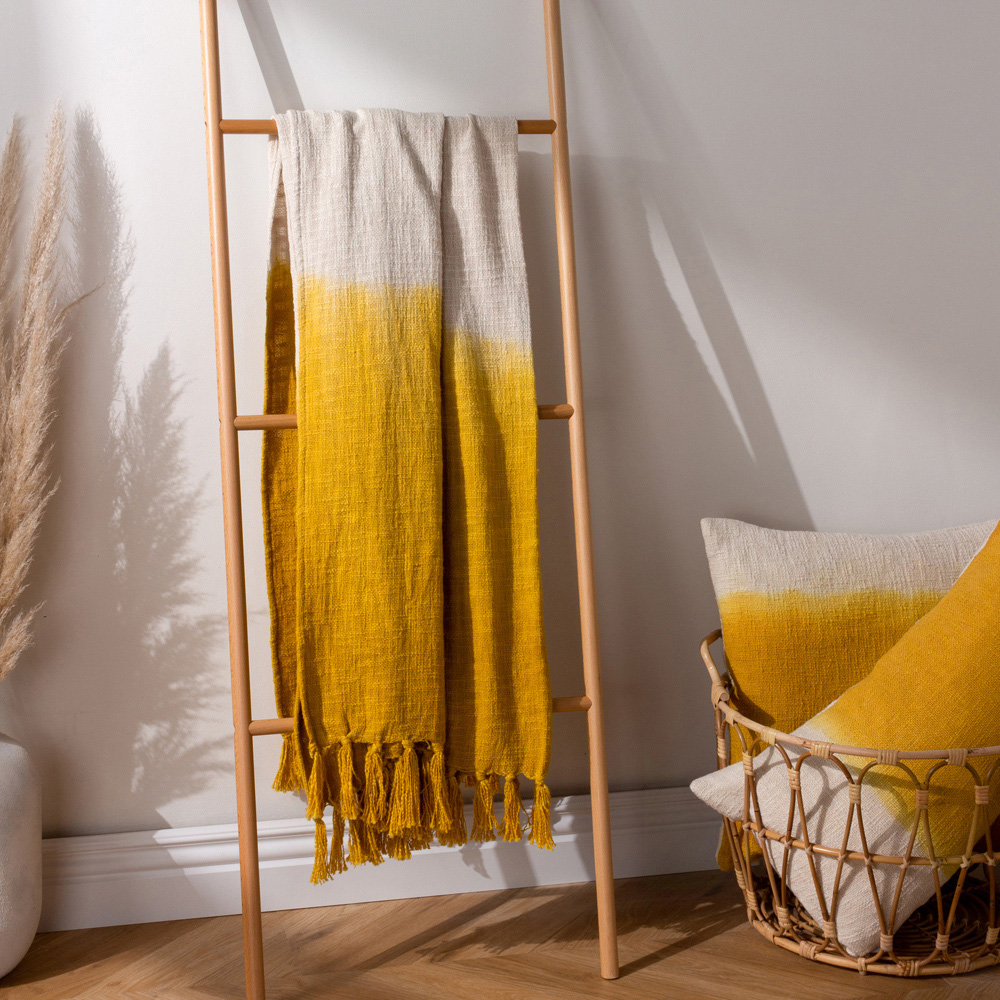 furn. Mizu Ochre Dip-Dye Tasselled Throw 130 x 170cm Image 2