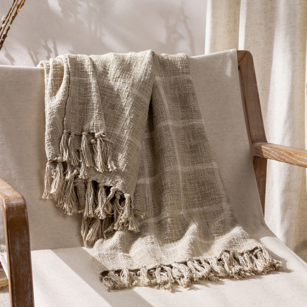 Yard Beni Stone and Natural Checked Fringed Throw 130 x 180cm Image 2