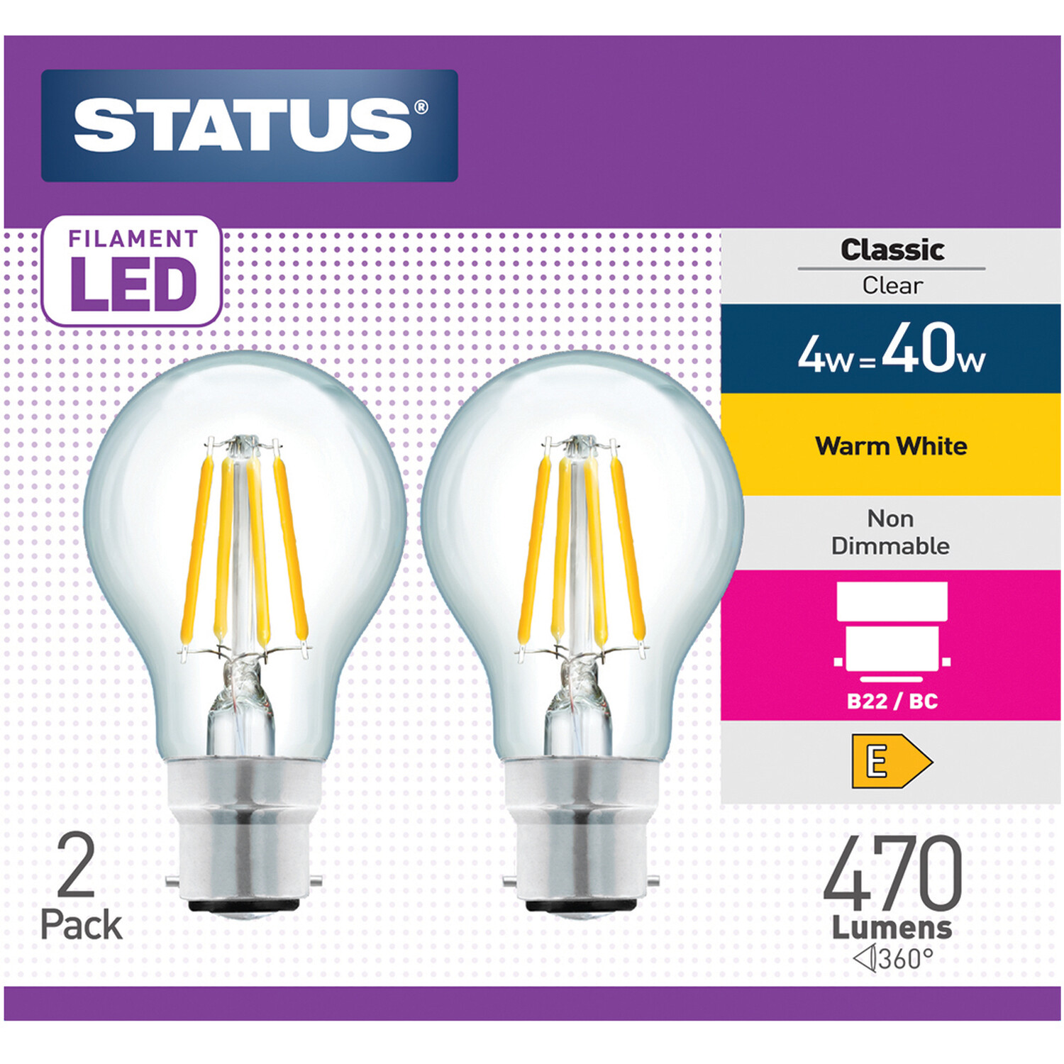 Pack of 2 Status Filament LED 4W Bayonet Cap Classic Lightbulbs Image 1