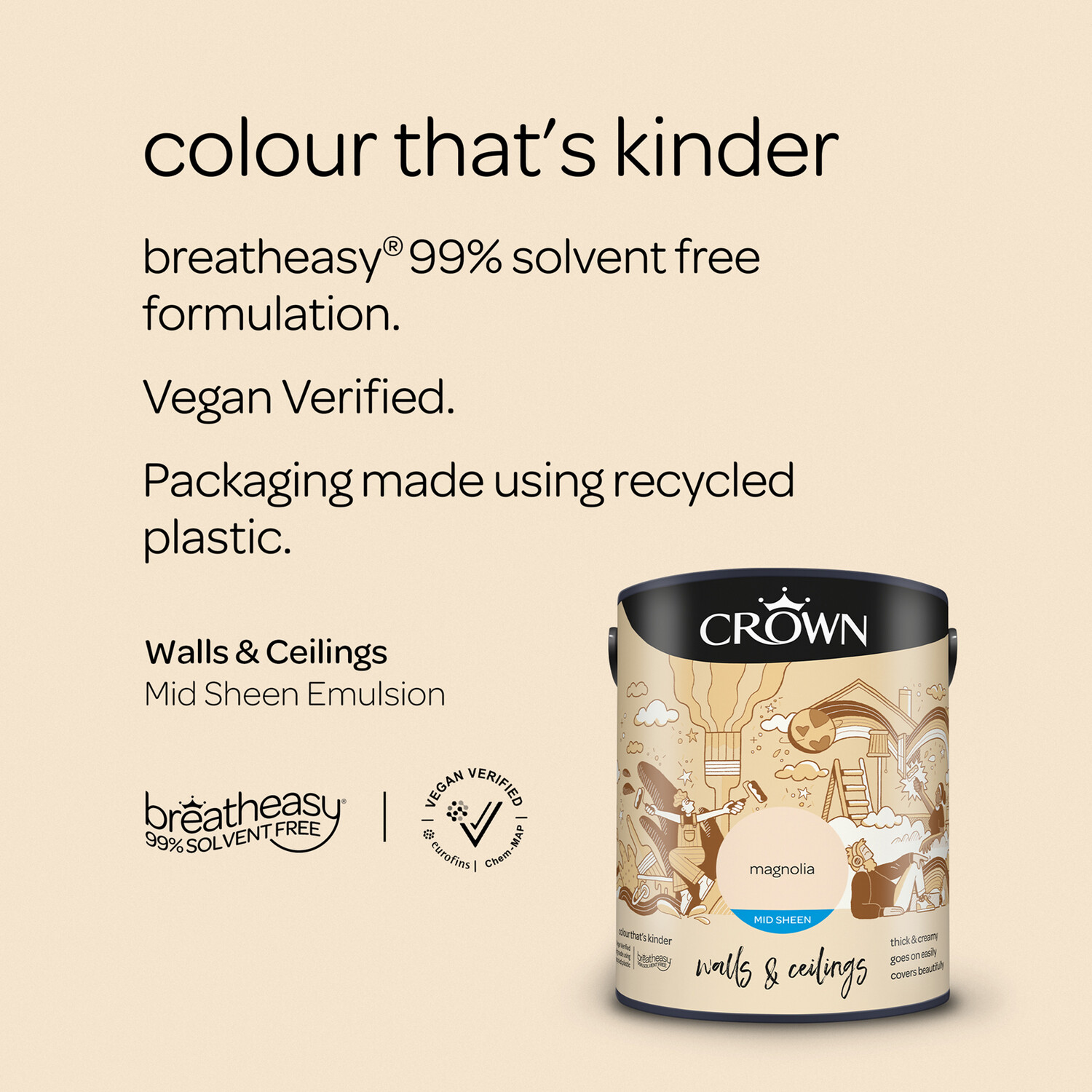 Crown Walls & Ceilings Magnolia Mid Sheen Emulsion Paint 5L Image 9