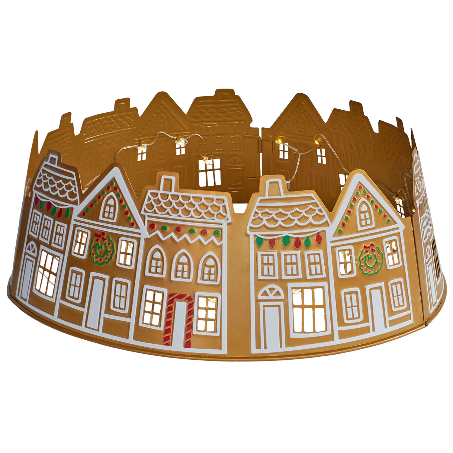 LED Gingerbread House Tree Skirt Brown and White Image 4