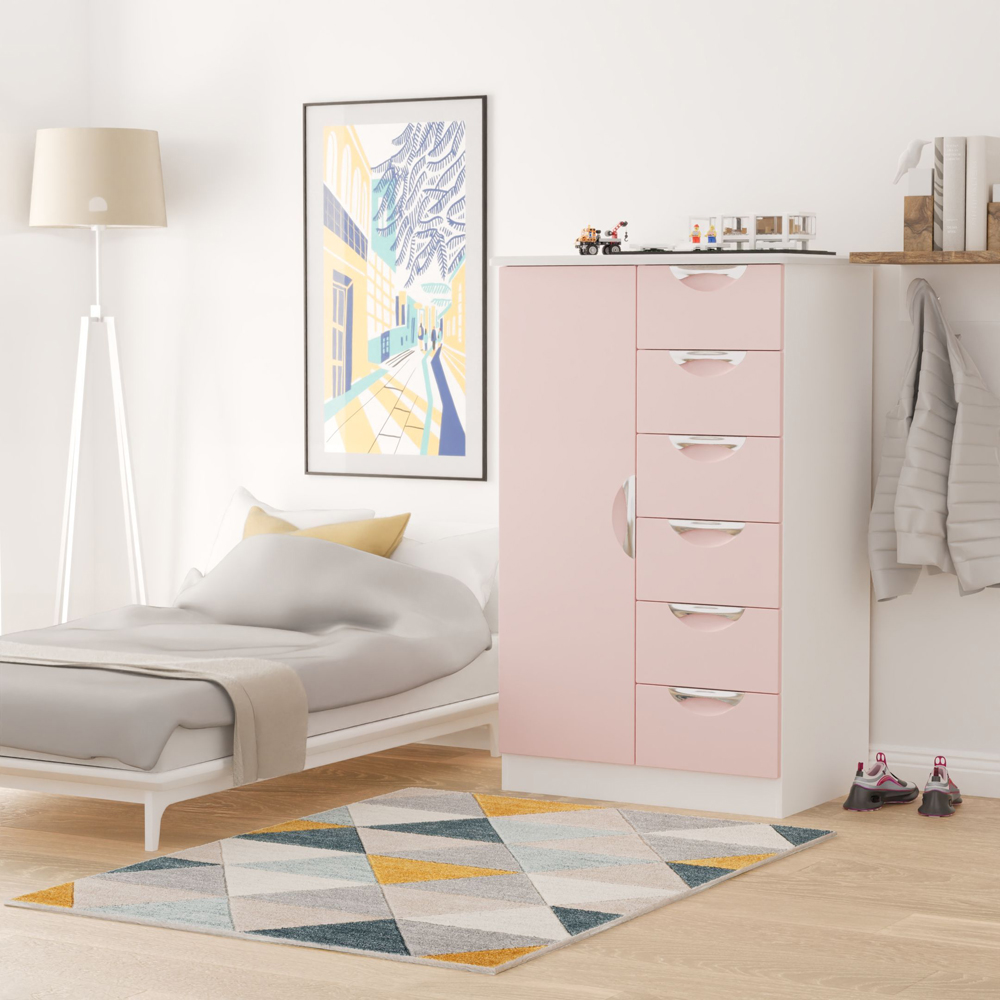 Crowndale Camden Single Door 6 Drawer Kobe Pink and White Kids Wardrobe Ready Assembled Image 8