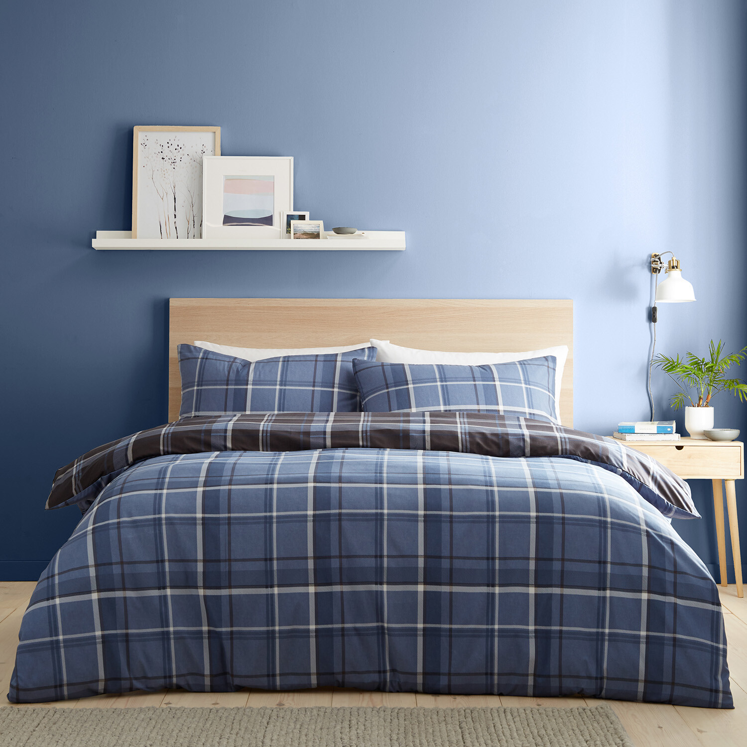 My Home Brodie Check Duvet Cover and Pillowcase Set - Navy / Single Image 1