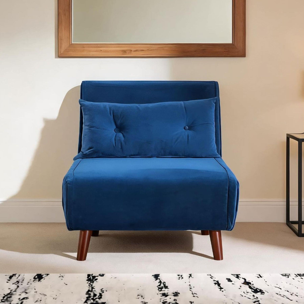Home Source Morella Single Seater Blue Velvet Folding Sofa Bed with Pillow Image 2