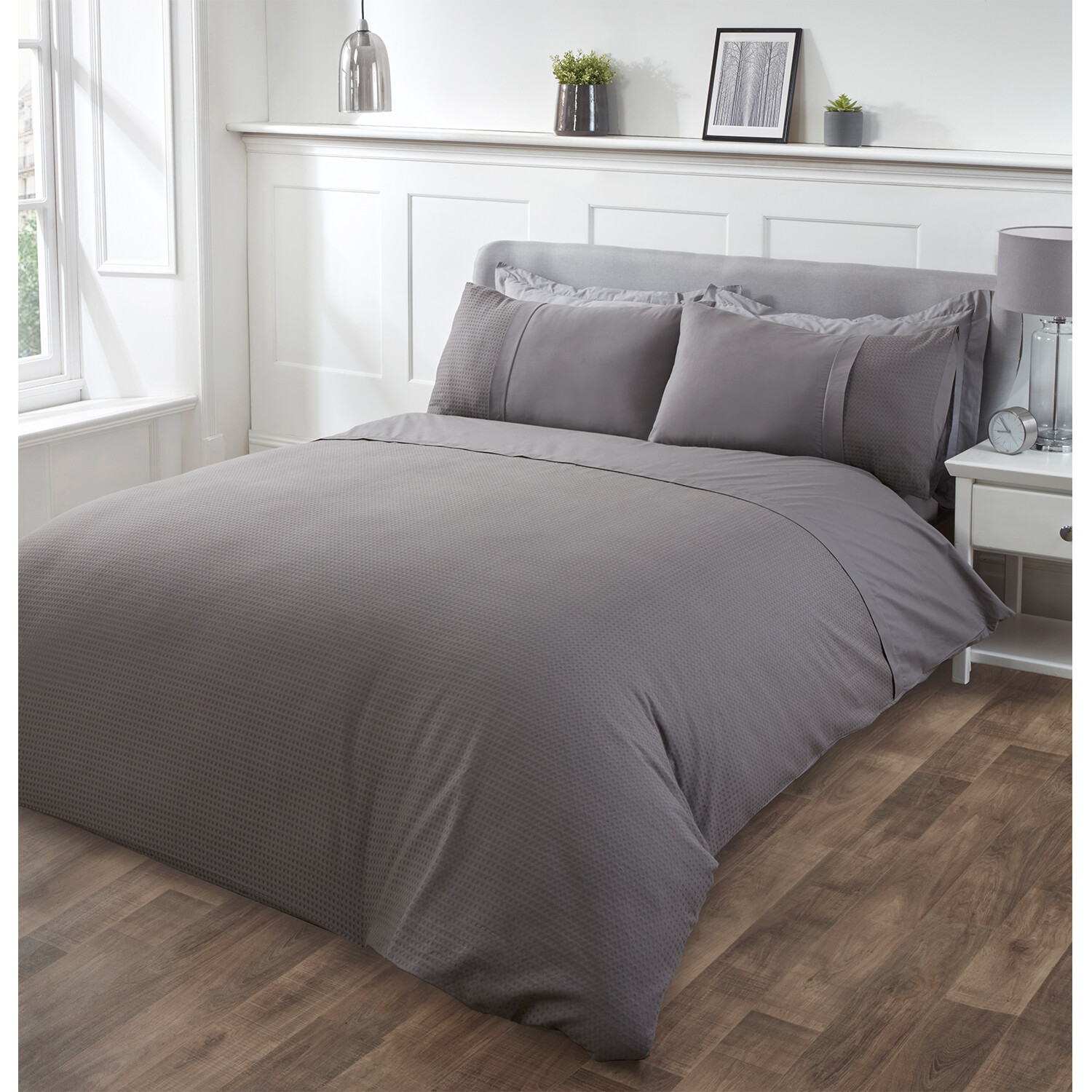 Luxury Waffle Duvet Cover and Pillowcase Set - Charcoal / Superking Image 2