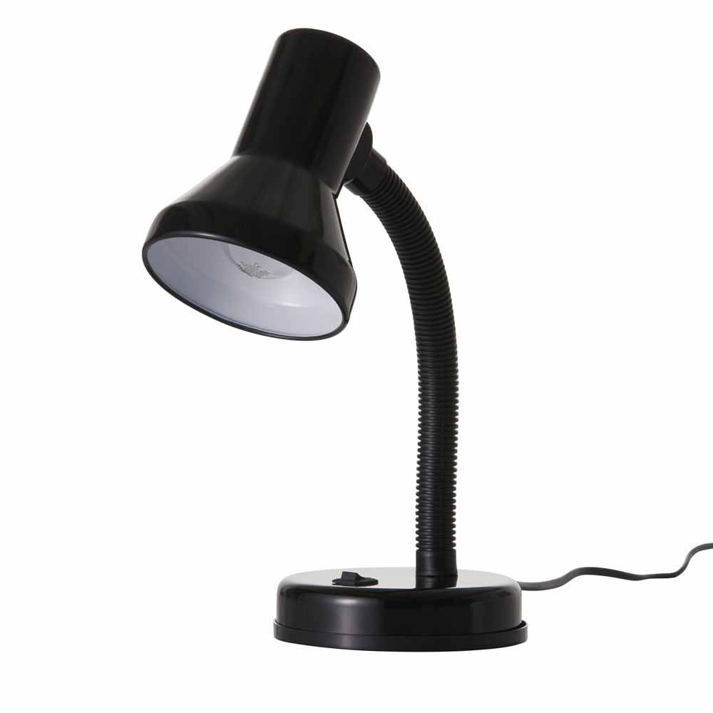 Wilko Black Desk Lamp Keep your desk or home office looking smart with this classic black Adjustable Desk Lamp. The flexible neck lets you direct the light wherever you need it and the lightweight plastic finish is easy to clean. It is a smart and practical solution to your lighting needs and comes complete with a switch to the base. Additional colours also available in this style. The lamp is requires SES (E14) LED round bulb (light bulb available to purchase separately). Approx size: H 36 x W 13.5 x D 23cm. Cable length: 170cm.