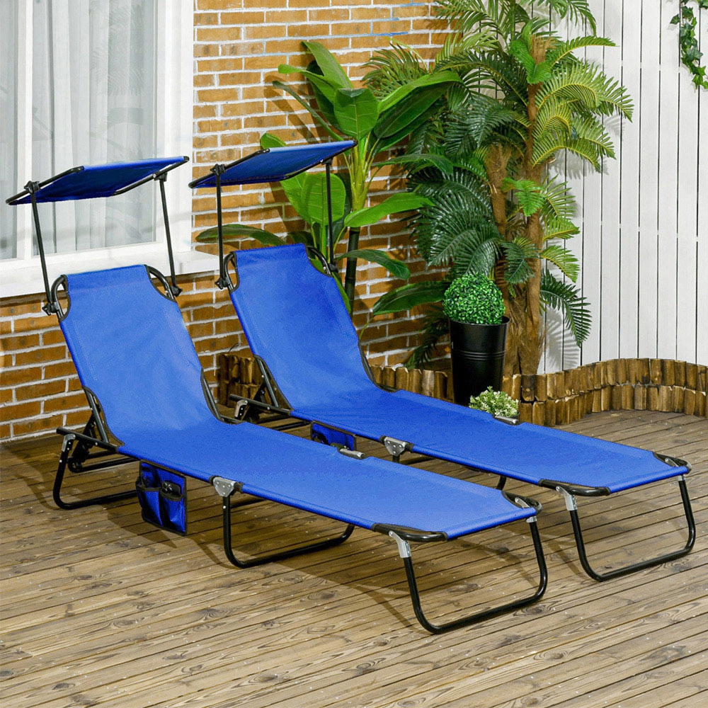 Outsunny Set of 2 Blue Adjustable Folding Sun Lounger with Sunshade Roof Image 1