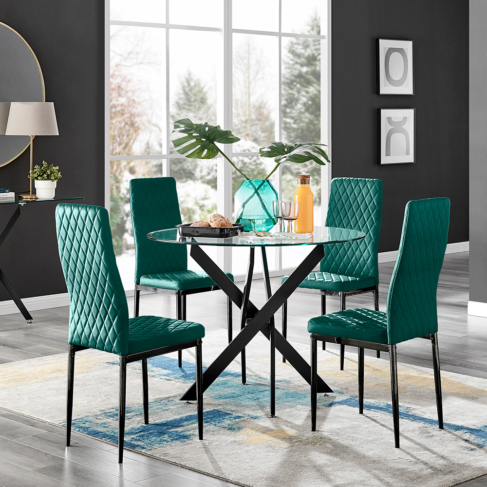 Furniturebox Arona Velvet 4 Seater Round Dining Set Green Image 1