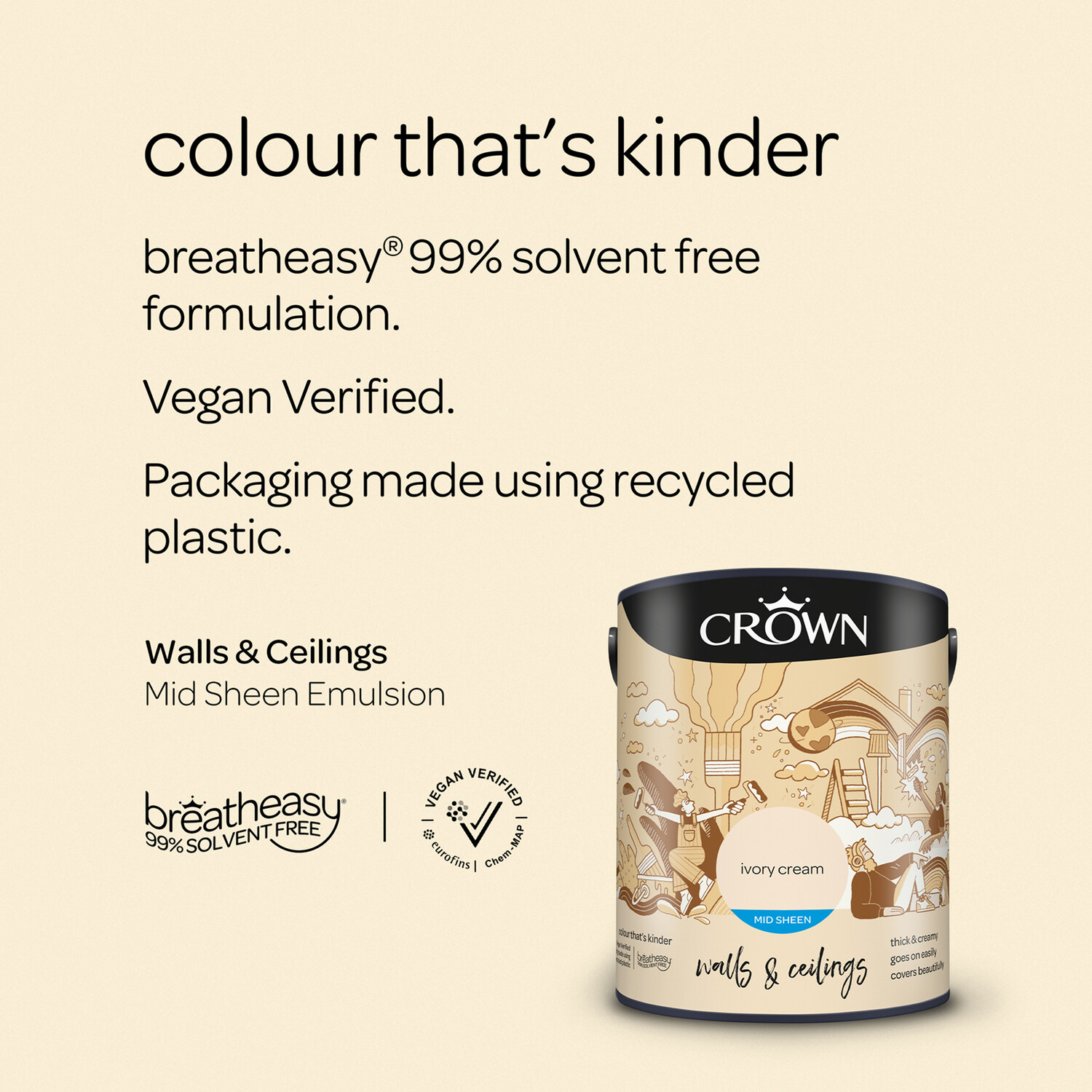 Crown Walls & Ceilings Ivory Cream Mid Sheen Emulsion Paint 5L Image 9