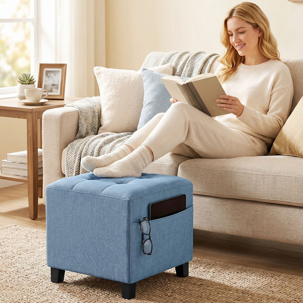 HOMCOM Dark Blue Small Ottoman Pouffe Stool with Side Pocket Image 1