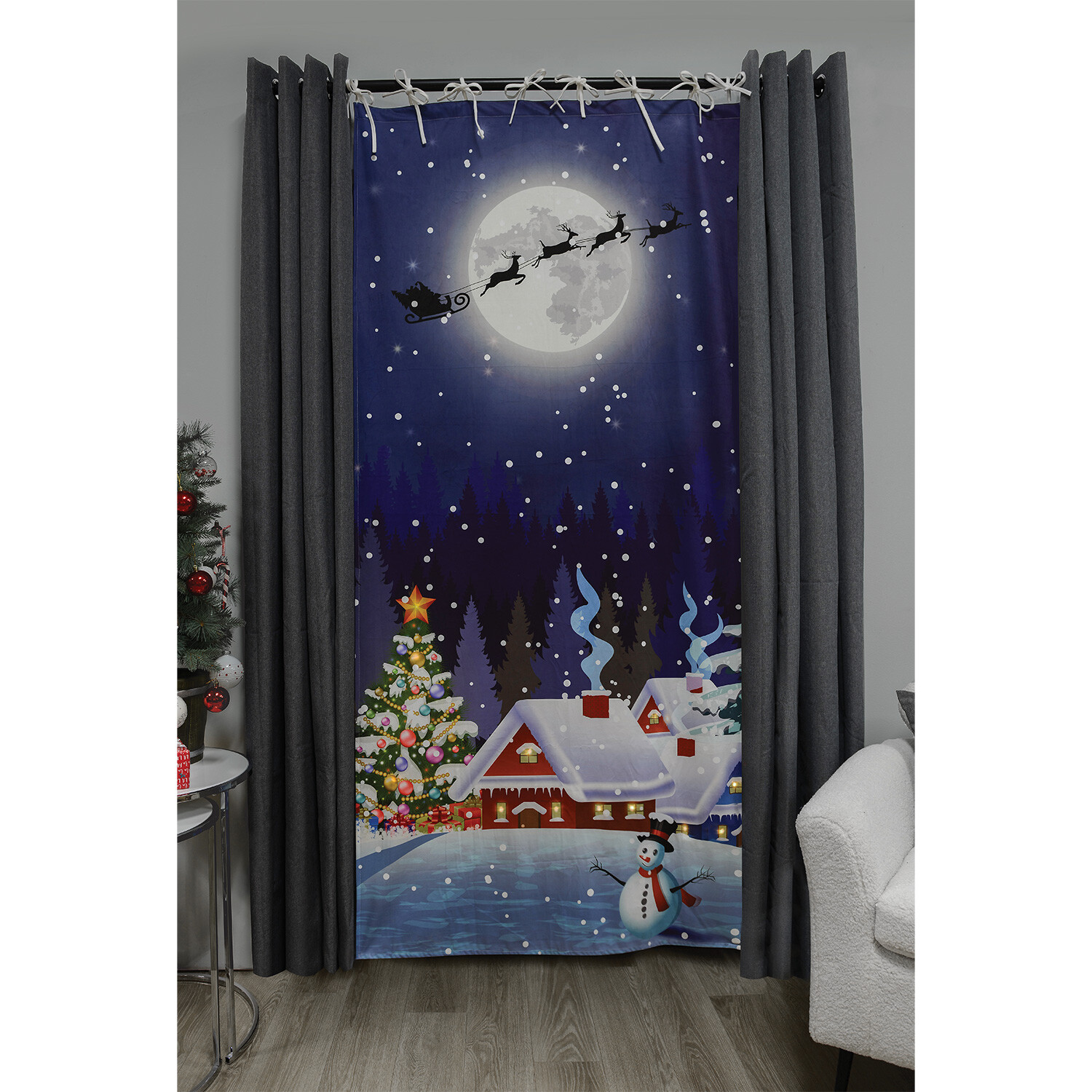 Christmas Light Up Scene Curtain Panel - Blue Image 4