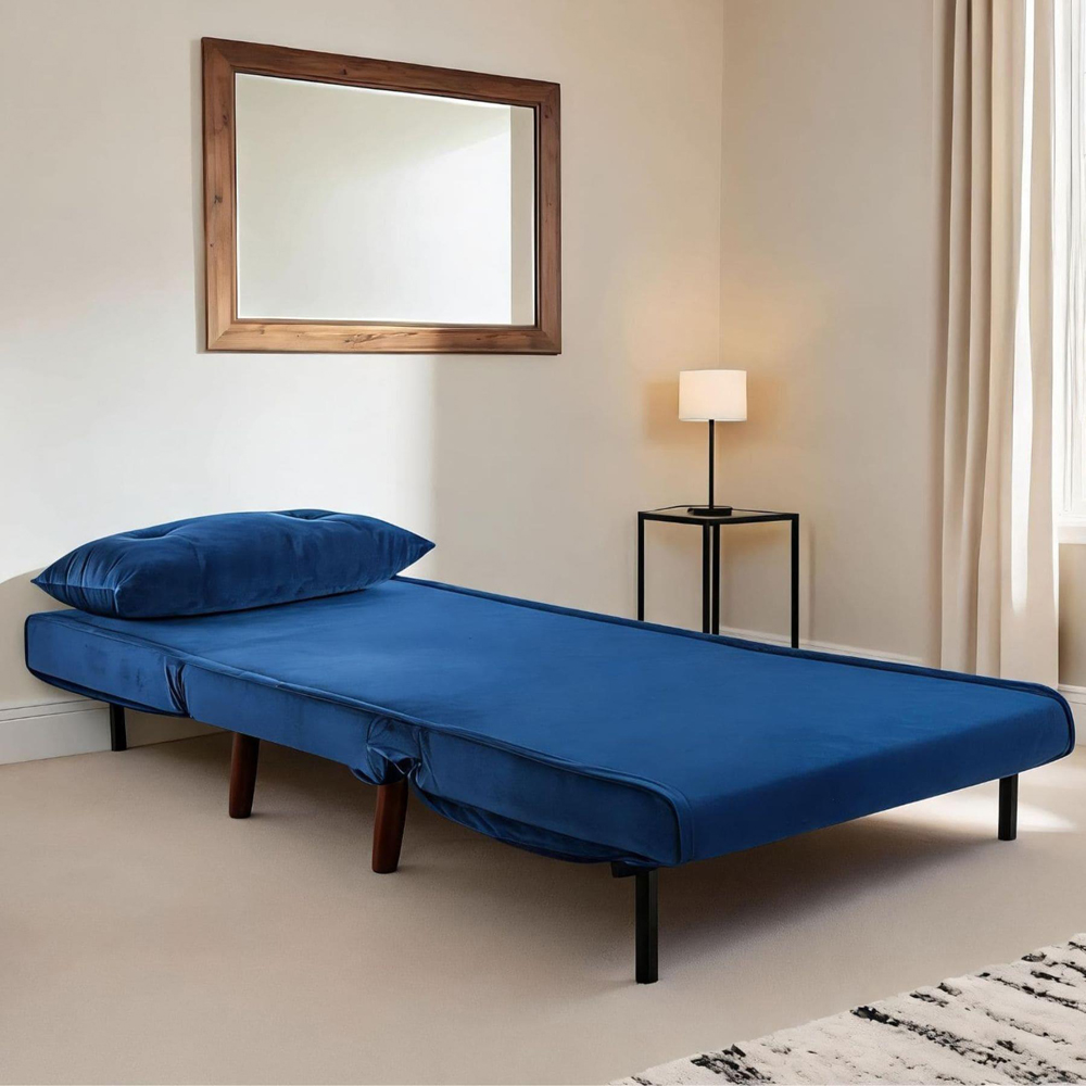 Home Source Morella Single Seater Blue Velvet Folding Sofa Bed with Pillow Image 4