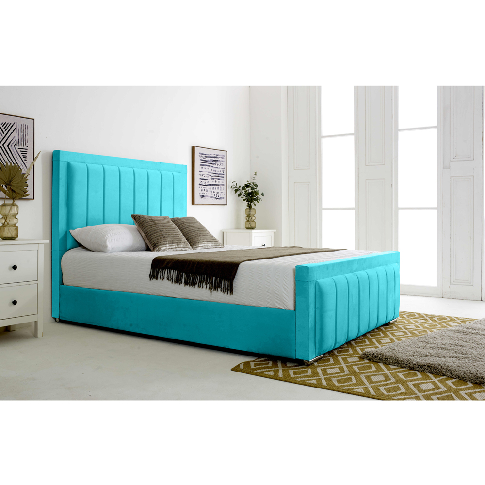 Eleganza Stylus Double Teal Plush Velvet Bed Frame with Lined Headboard and Footboard Image 2