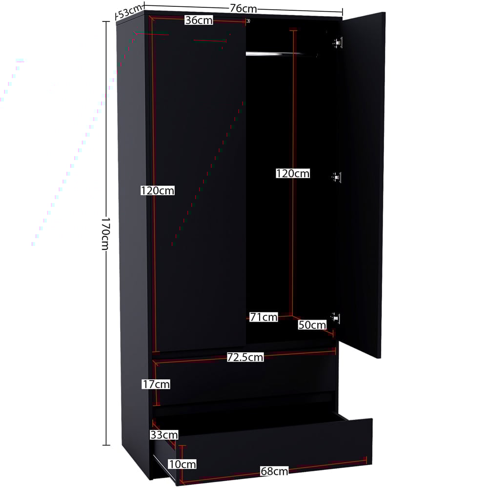 Vida Designs Denver 2 Door 2 Drawer Black Wardrobe Image 9