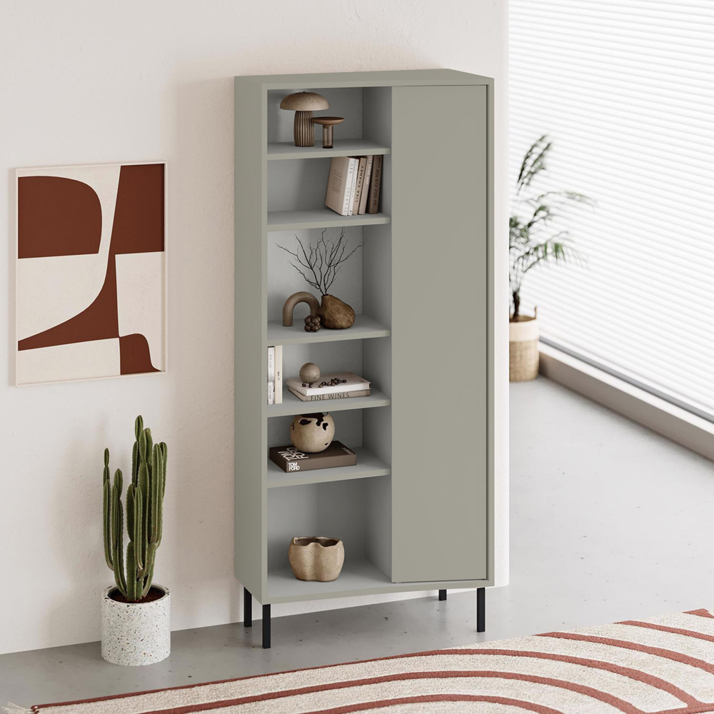 FWStyle Single Door 6 Shelf Ash Green Curved Modern Bookcase Image 6