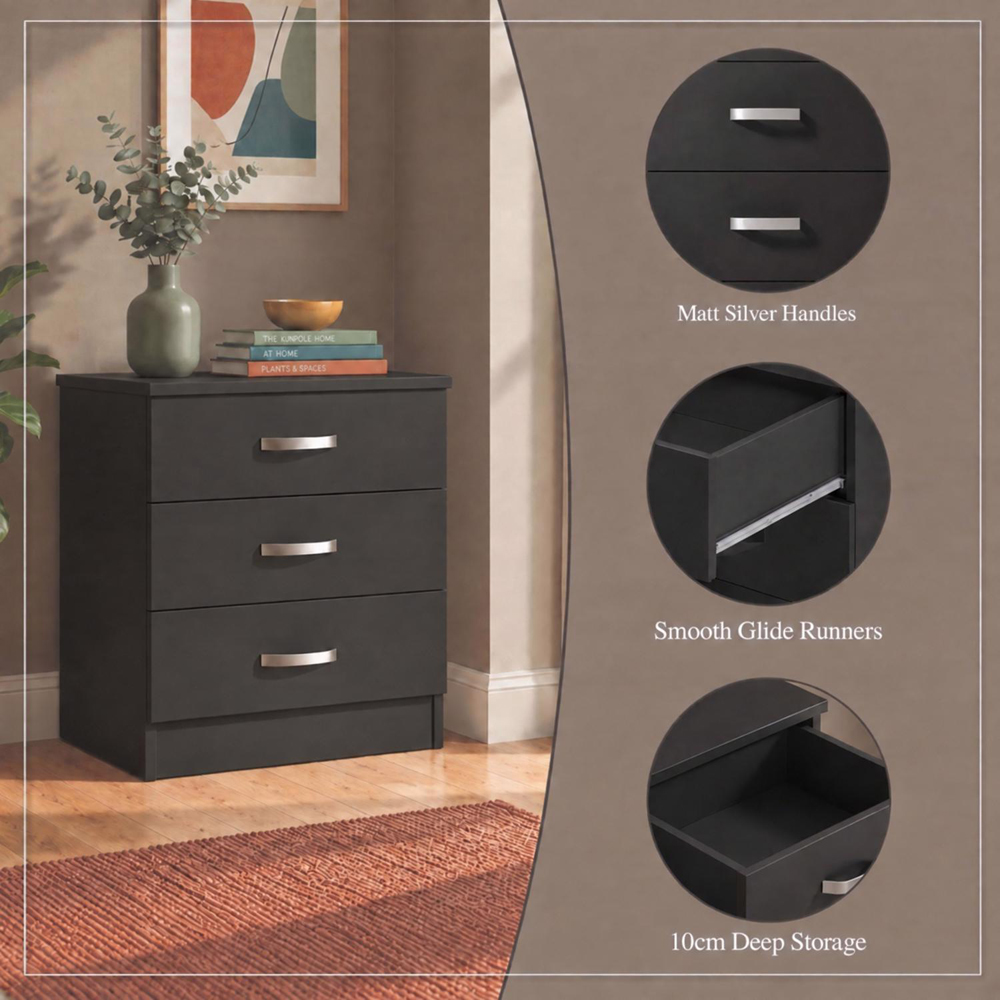 FWStyle Tunis 3 Drawer Matt Black Chest of Drawer Image 5