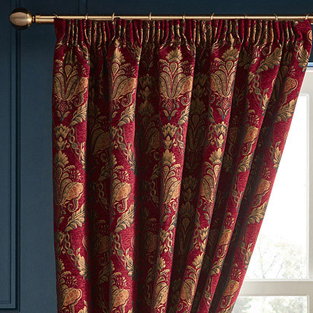Paoletti Shiraz Burgundy and Brown Floral Jacquard Pencil Pleat Curtain 183 x 168cm Image 2