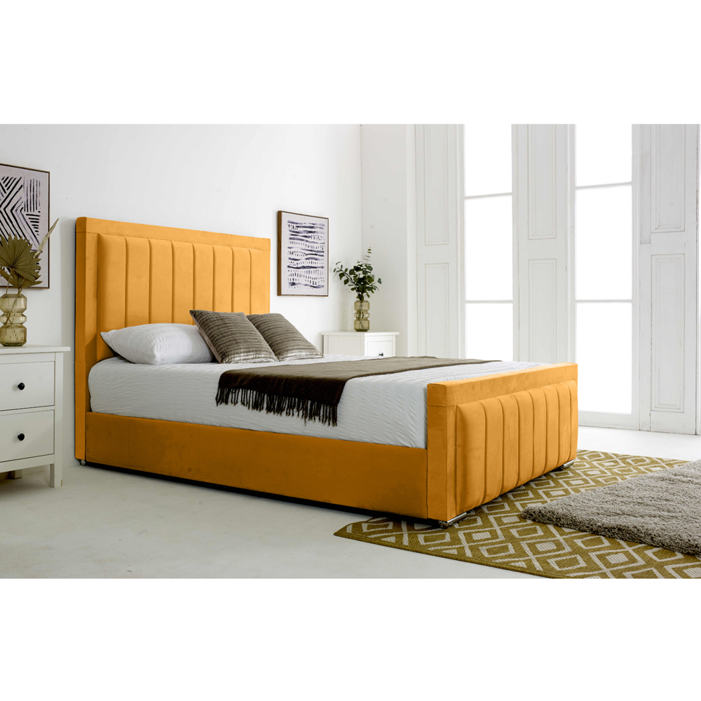 Eleganza Stylus Double Mustard Plush Velvet Bed Frame with Lined Headboard and Footboard Image 3