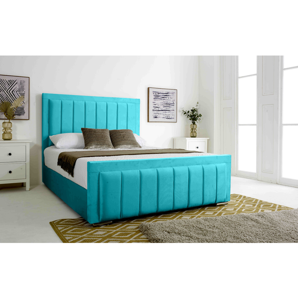 Eleganza Stylus Double Teal Plush Velvet Bed Frame with Lined Headboard and Footboard Image 4